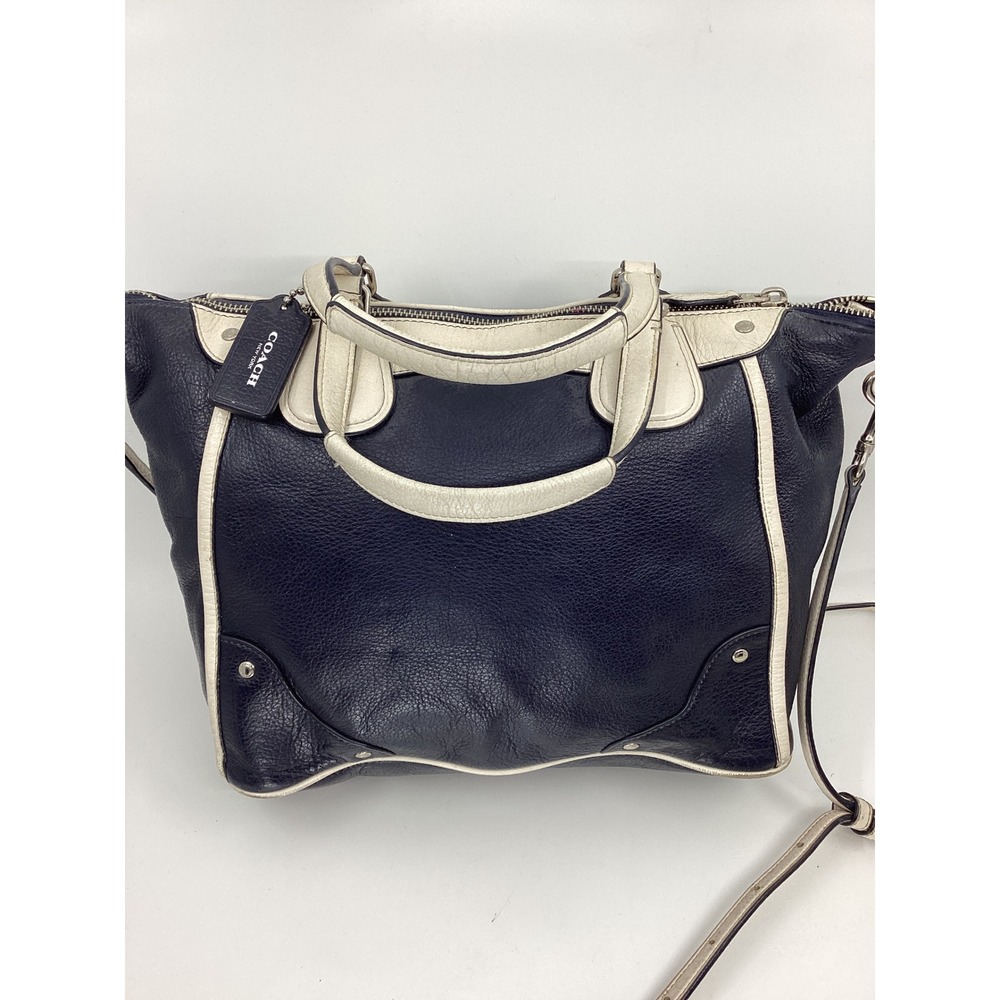 Coach Navy Blue Pebbled Leather Satchel Crossbody Bag White Trim Silver FLAWS - Picture 2 of 11